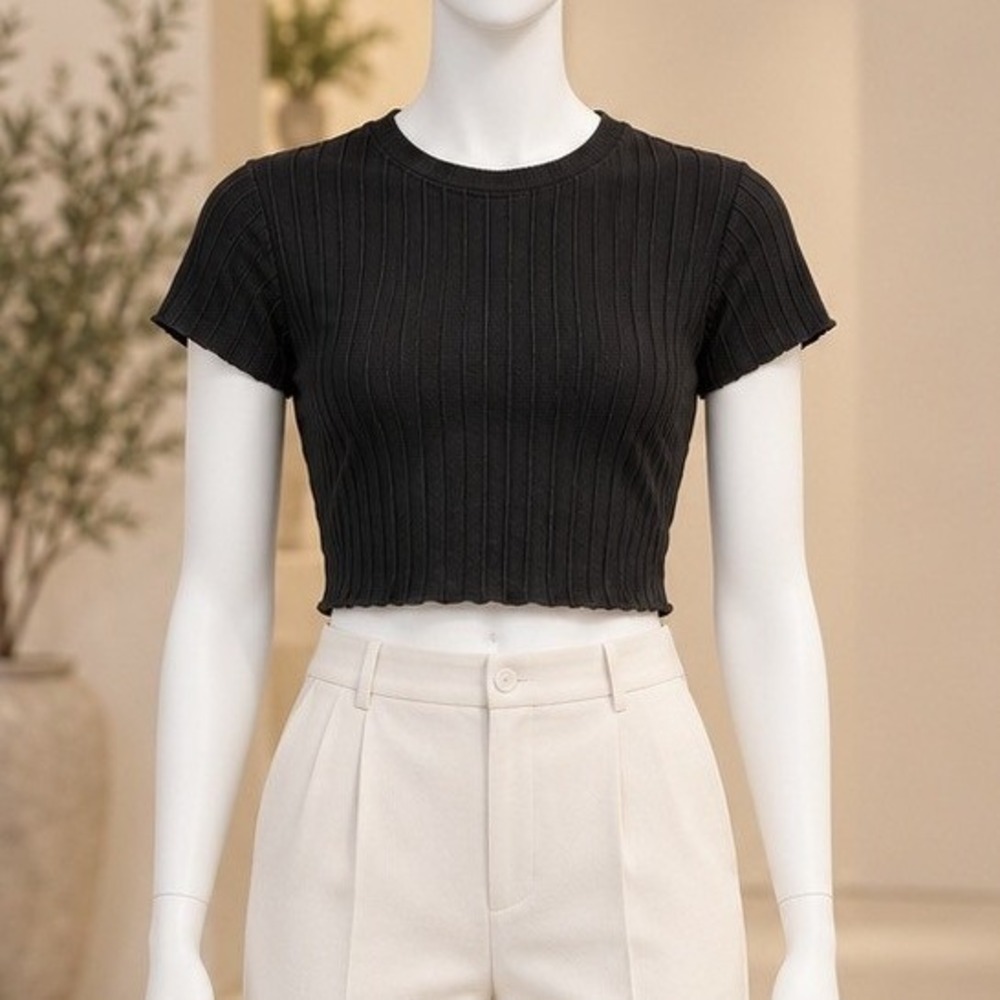 Forever 21 Womens Crop Top Ribbed Short Sleeve Crew Neck Black S